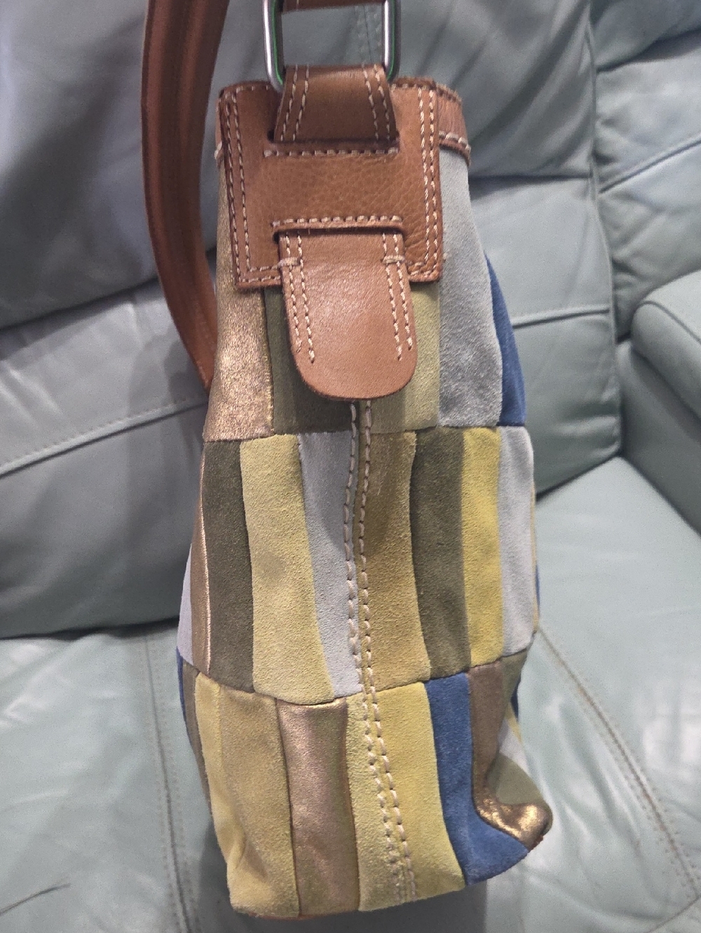 Patchwork Stripe Shoulder Bag in Blue, Green, Gold & Gray - Suede By Fossil - Picture 6 of 8